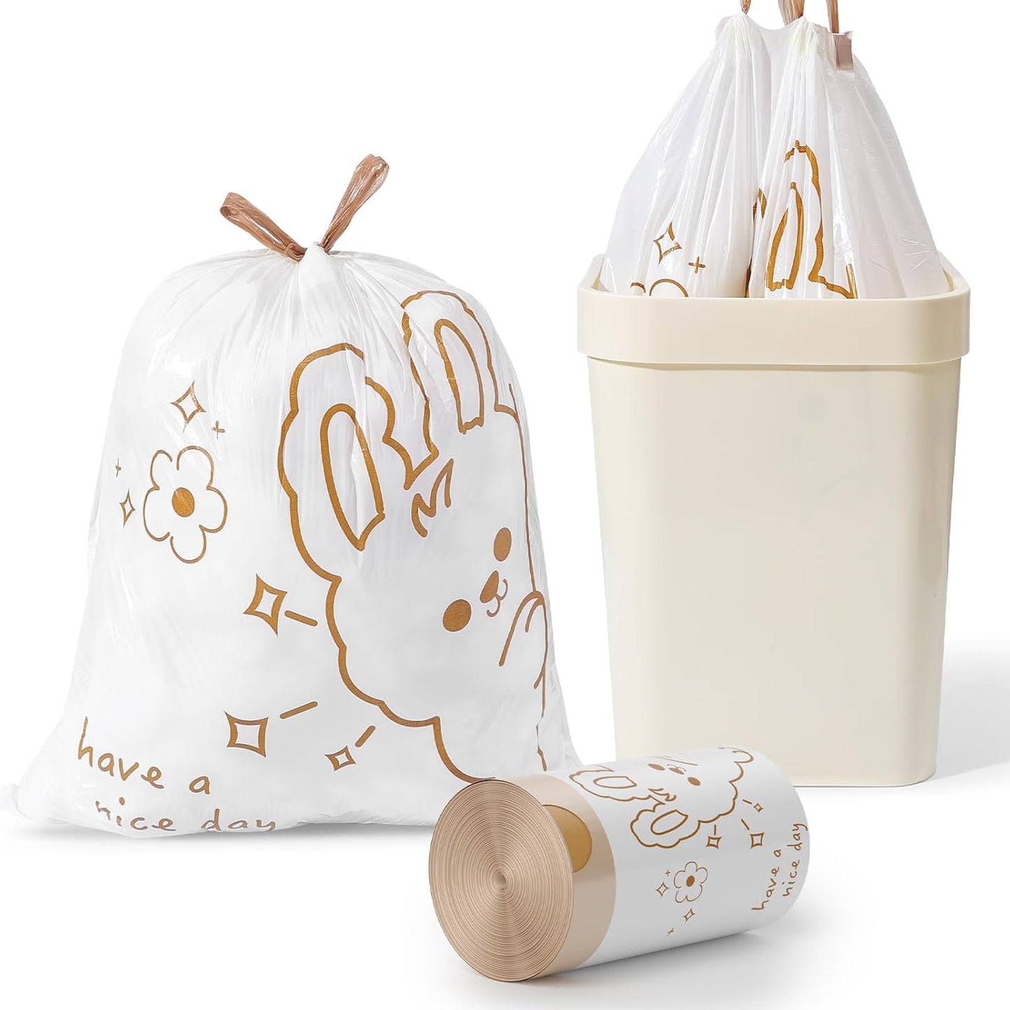4 Gallon Trash Bags with Cute Rabbit Printed & Drawstring, Tear-Resistant Small Bathroom Garbage Bags, Heavy-Duty Trash Can Liners for Home/Office, 60 Counts
