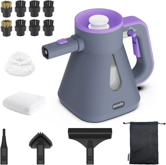 Steam Cleaner Handheld: Fast 10-Sec Heat-Up-750mL (25oz) Tank-No Cooling-Refill Anytime-Lockable Steam Trigger-14-Piece Kit Hand Held Portable Steamer for Home Car Grout Tile Cleaning Grey