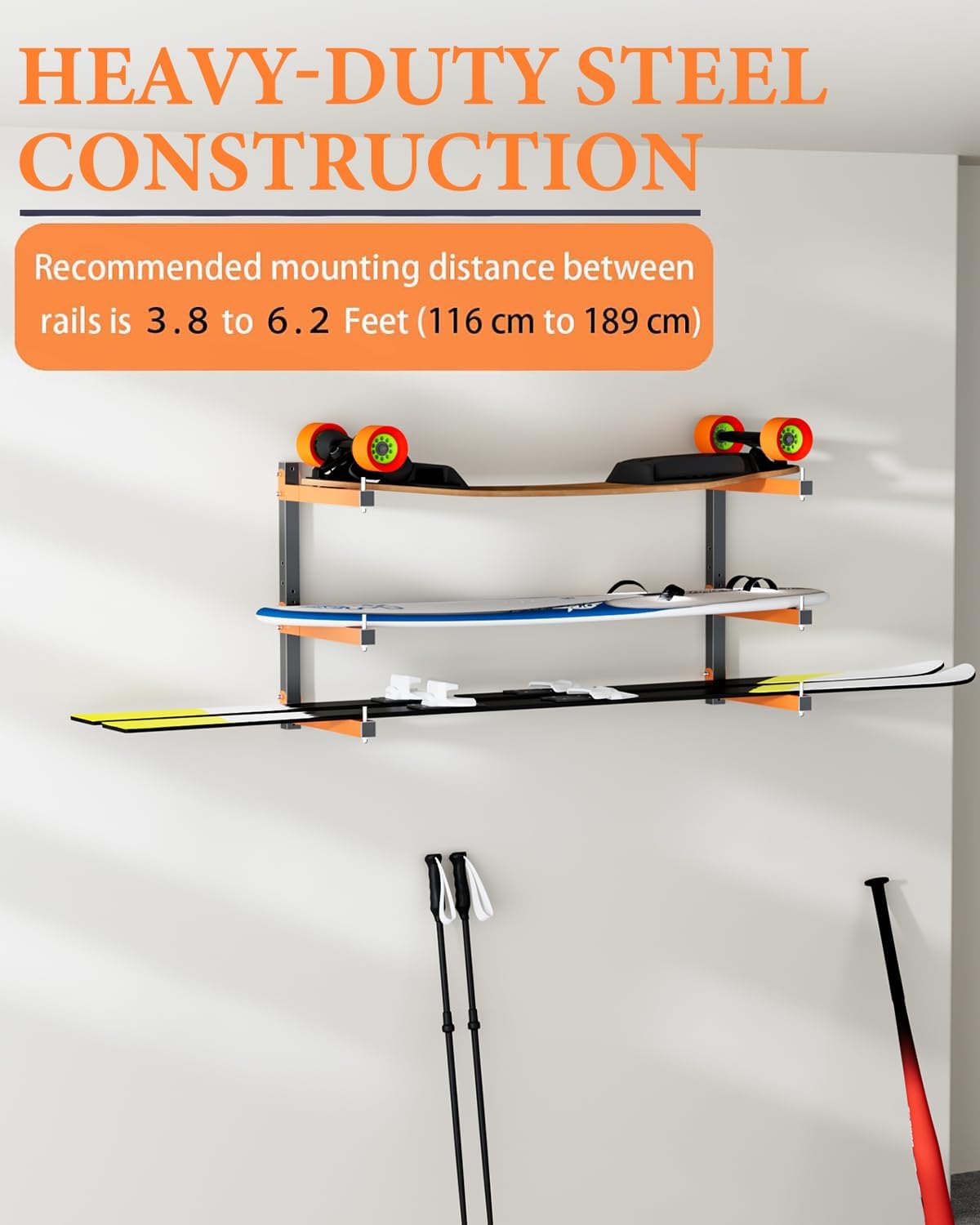 Lumber Storage Rack Wall-Mounted Lumber Racks Heavy Duty Wood Storage Rack with 6-Level Holds Up 720 LBS Sturdy Folding Garage Wood Organizer Orange Shelving Metal Shelf for Indoor & Outdoor- 4 Pack