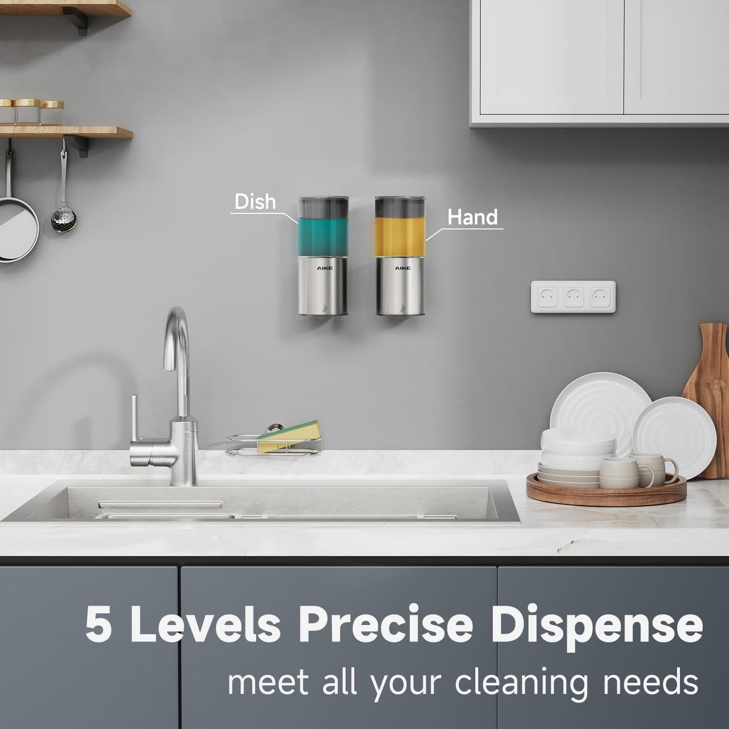 AIKE Automatic Soap Dispenser Wall Mounted for Kitchen and Bathroom, IPX7 Waterproof with Brushed Stainless Steel Finish 13.5fl.oz. for Liquid Soap