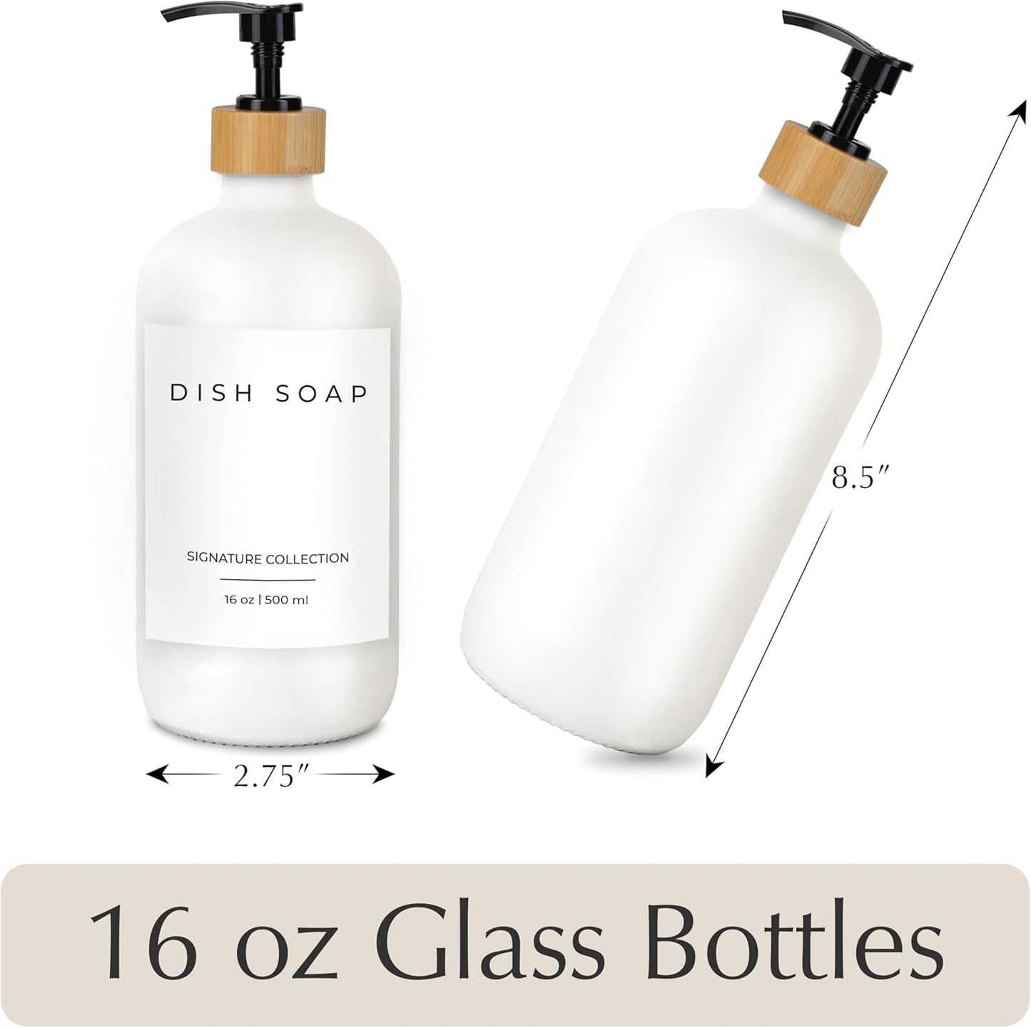 Emerson Glass Soap Dispenser Set - 16 Oz, 2-Pack with Pump and Labels for Kitchen and Bathroom