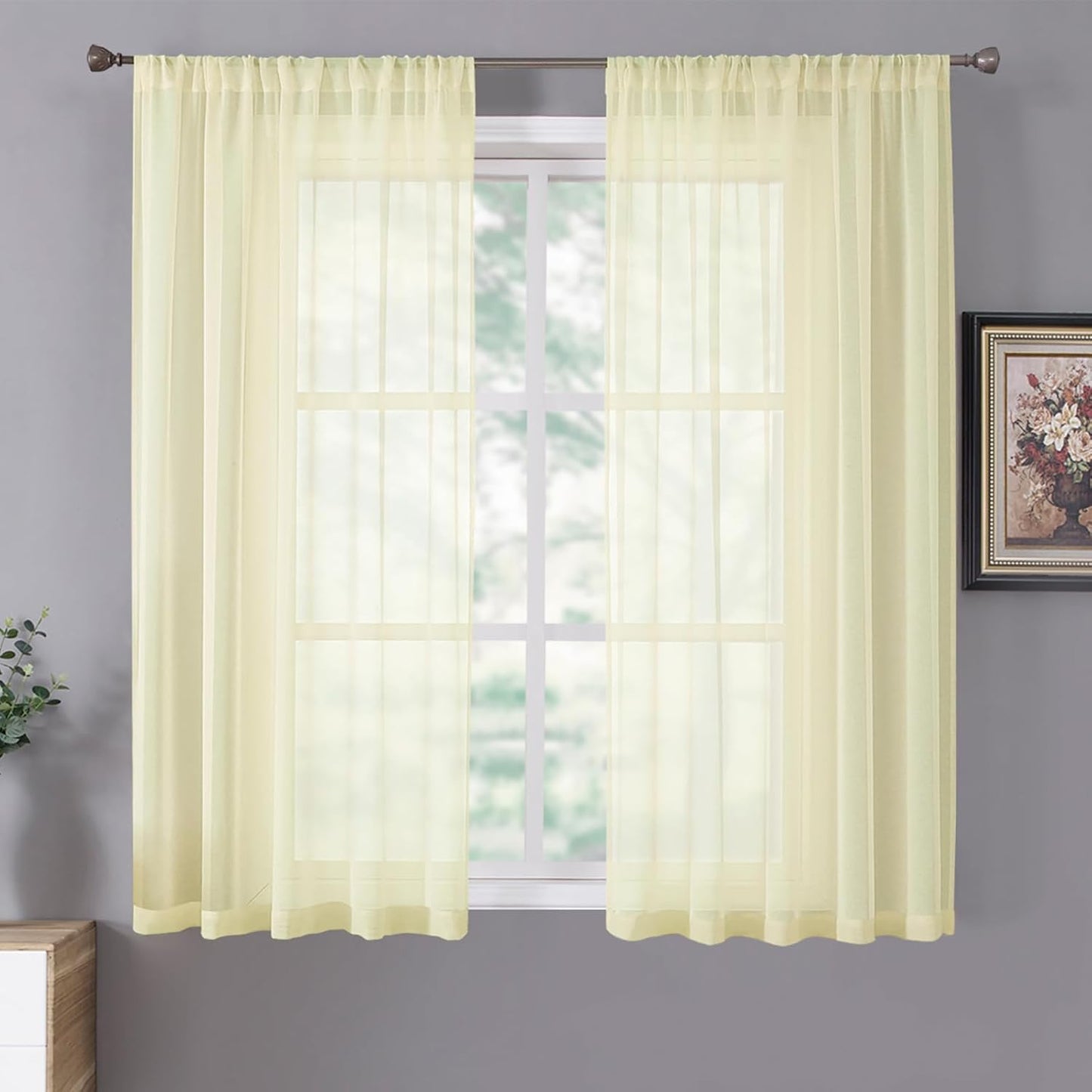 Tollpiz Short Sheer Curtain Living Room Linen Textured Curtains Sheer Light Filtering Voile Rod Pocket Curtain for Bedroom, 38 x 54 inches Long, Transparent Yellow, Set of 2 Panels