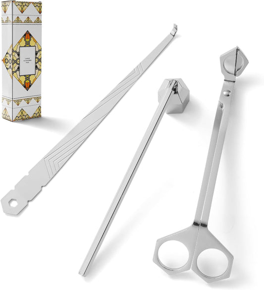3-in-1 Candle Accessory Set, Wick Trimmer, Candle Snuffer, Wick Spoon, Stainless Steel Material Perfect for Candle Lovers (Silver)