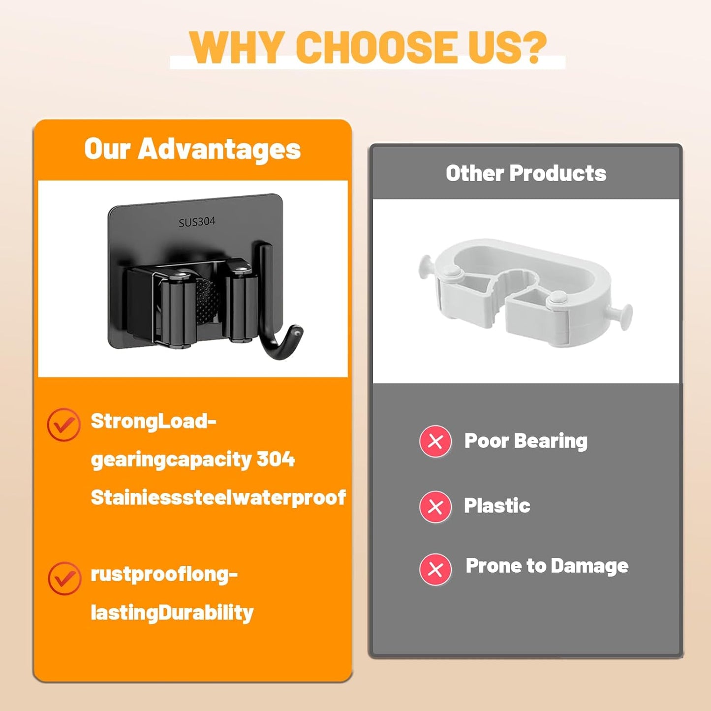 3 Pack Broom Holder Wall Mount,Stainless Steel Broom Holder with Hooks Screw, No Drill Self Adhesive Hanger Tool Rack Organizer for Closet Garage Laundry Room Kitchen Decor (Black) (3)