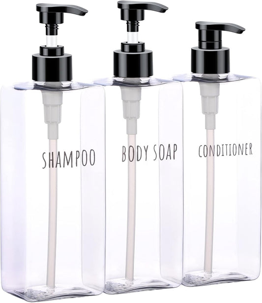Segbeauty Clear Square Shampoo Bottles, 3pcs 16.9oz Refillable Plastic Lotion Dispenser with Pump, 500ml Empty Reusable Bathroom Shower Bottle Dispense Shampoo Conditioner Body Soap Liquid Gel
