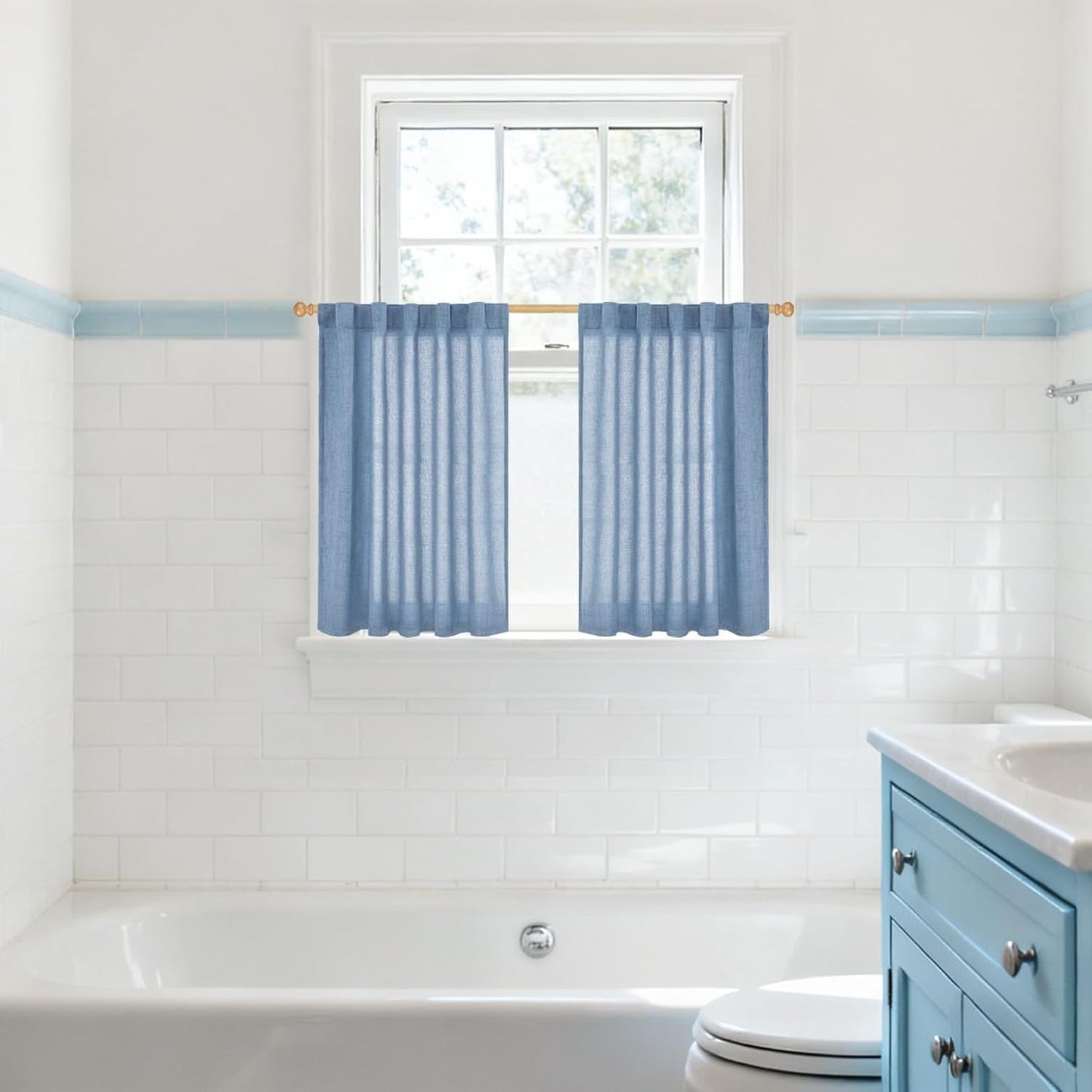 YoungsTex Denim Blue Linen Curtains 36 Inches Long for Bathroom Window, Small Drapes Light Filtering with Rod Pocket Back Tab Ocean Style for Kitchen Cafe Windows, 2 Panels, 42 X 36 Inch