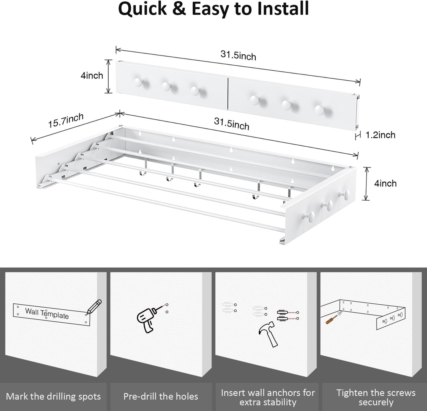 Drying Rack Clothing,Clothes Drying Rack Wall Mounted,Laundry Drying Rack Wall Mount,Foldable,Collapsible,60 lb Capacity 5 Aluminium Poles with 12 Hooks,Space Saving Clothes Drying Rack,White 31.5"