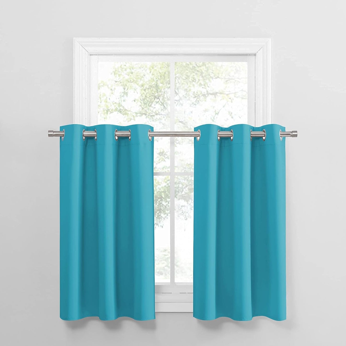 PONY DANCE Bathroom Window Valances - (42 by 36 inches, Blue Mist, 2 Panels) Room Darkening Tier Curtains Short Panels Drapes for Small Half Window Decoration in Kitchen