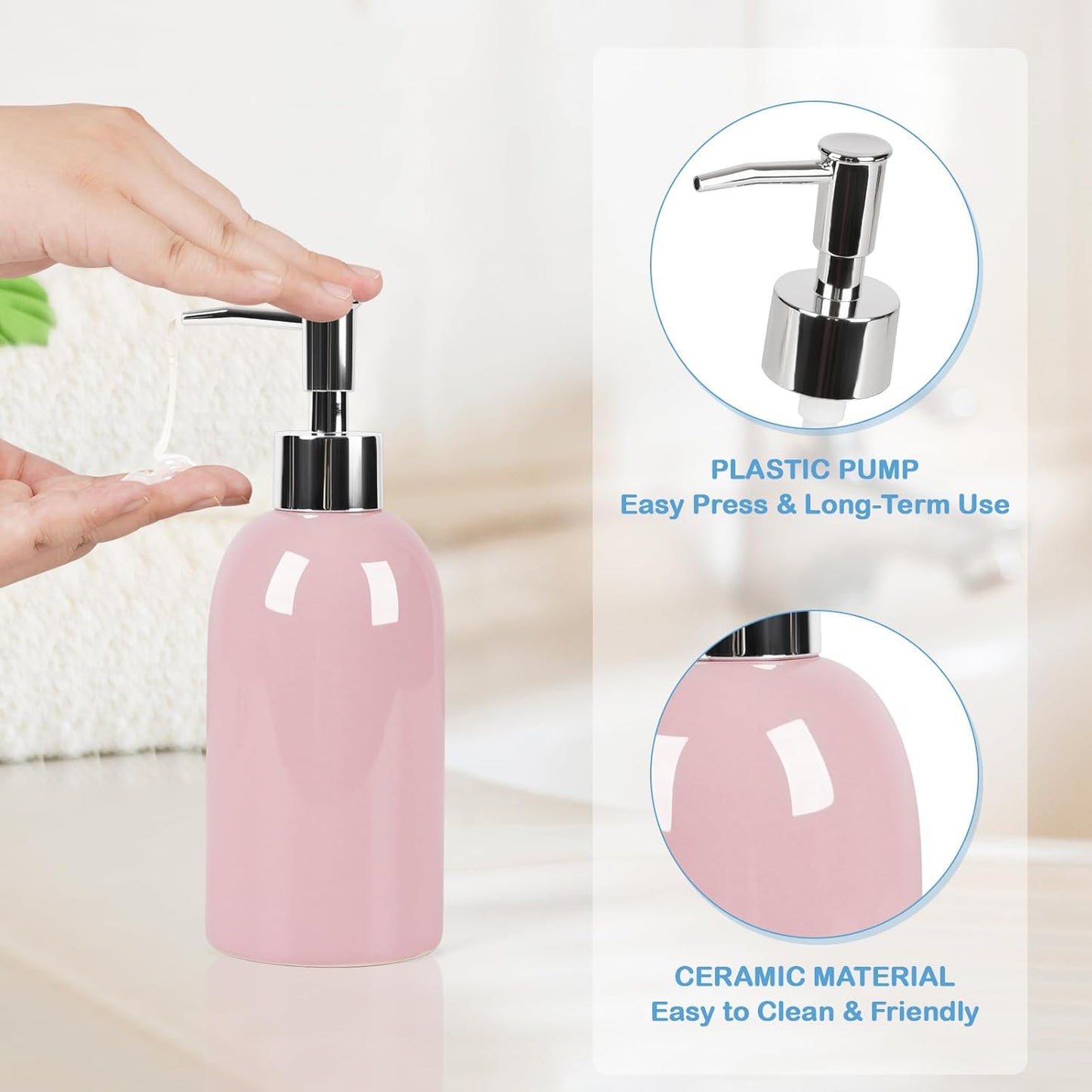 Natheeph 14OZ Ceramic Soap Dispenser Ceramic Soap Pump Dispenser Can Fill Liquid for Bathroom/Kitchen (Pink)