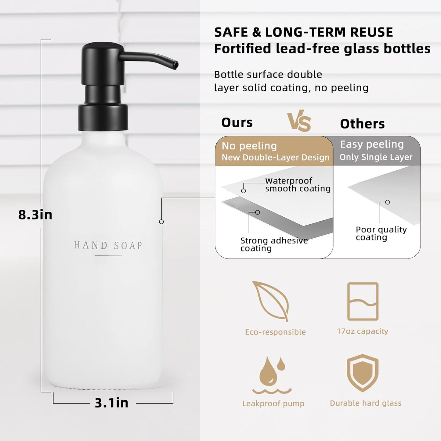 Glass Soap Dispenser - Dish Hand Soap Dispenser for Kitchen Set, Bathroom Soap Lotion Dispenser with 304 Rust Proof Pump, Tray, White Bottle/Black Pump