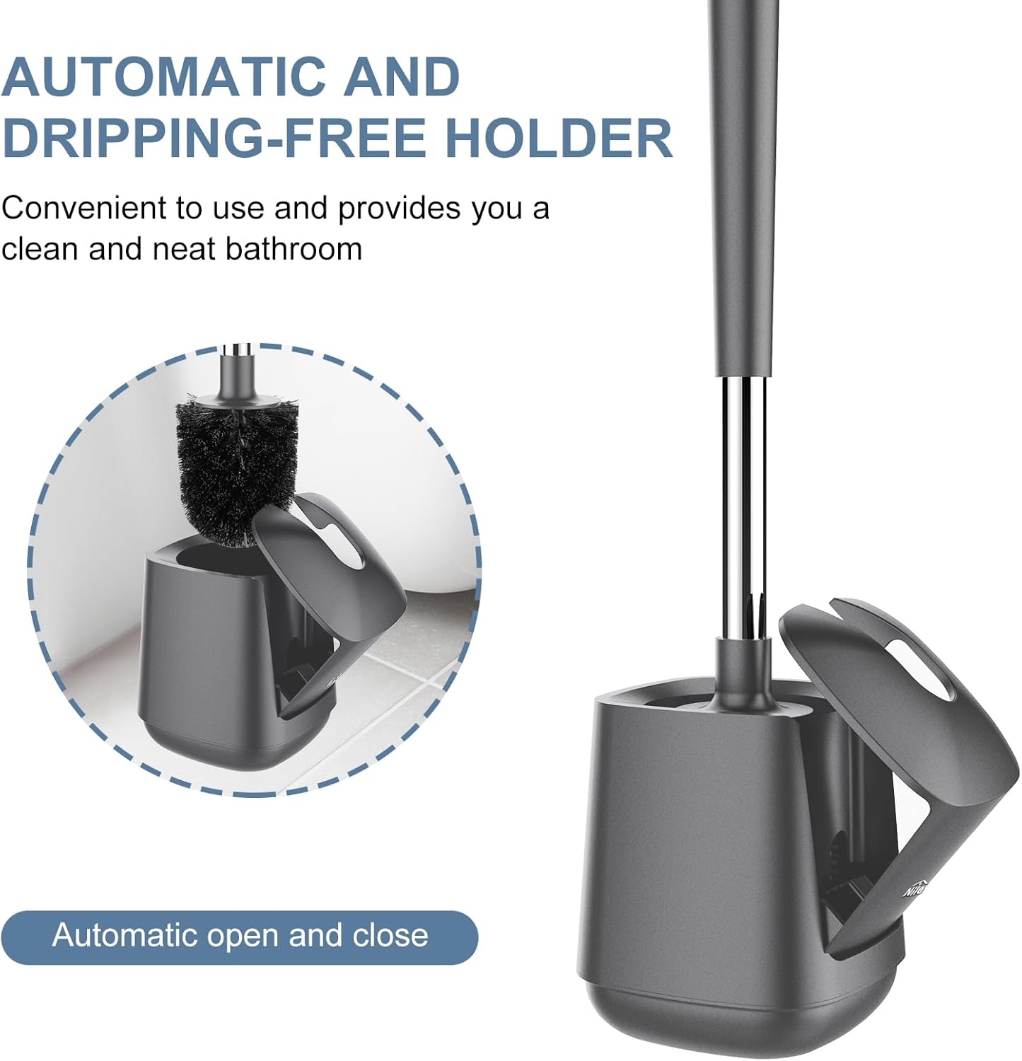 SetSail Toilet Brush and Holder 2 Pack, Self Closing Lid Toilet Bowl Brushes Holder and Extra Long Handle Ventilated Toilet Brush Set for Bathroom Cleaning, Nylon Bristles, Grey