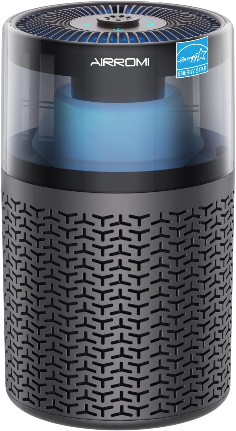 AIRROMI Air Purifiers for Bedroom Home,Up to 658 Ft²,Activated Carbon Filter Cleaner,With Fragrance Sponge for Better Sleep,Night Light,Pet Dander,Allergies,Smoke,Odor,Desktop Air Cleaner A2002 Grey