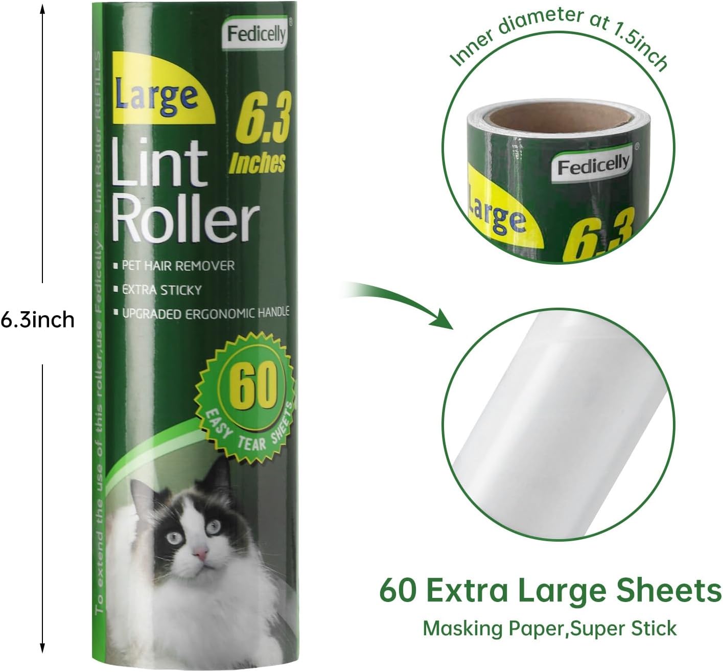 Fedicelly Large Lint Rollers Pet Hair Extra Sticky Refills,Mega Value Set 6.3 inches Wider with 320 Sheets for Cat and Dog Hair Removal,80 Sheets Per Roller (Pack of 4)