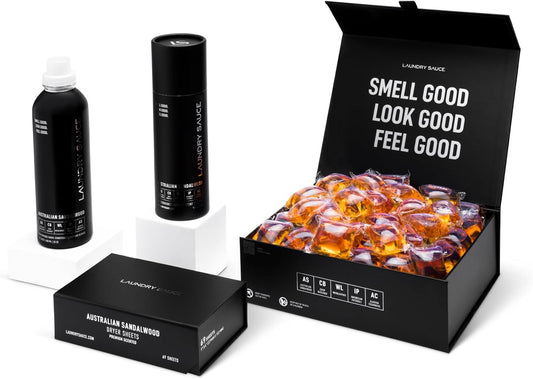 Laundry Sauce - Signature Bundle Australian Sandalwood, Scented Laundry Detergent Pods & Scent Booster, Fabric Softener, Dryer Sheets, Fabric Protection, Essential Oils, Long Lasting Luxury Fragrance