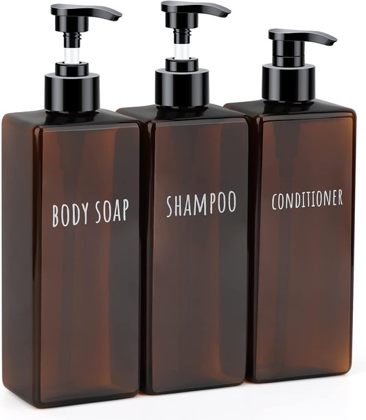 Segbeauty 16.9oz Lotion Dispenser, 3pcs Refillable Square Shampoo Bottles with Pump, 500ml Empty Plastic Bathroom Shower Bottles Liquid Soap Container Body Wash Dispenser for Home Hotel Travel Amber