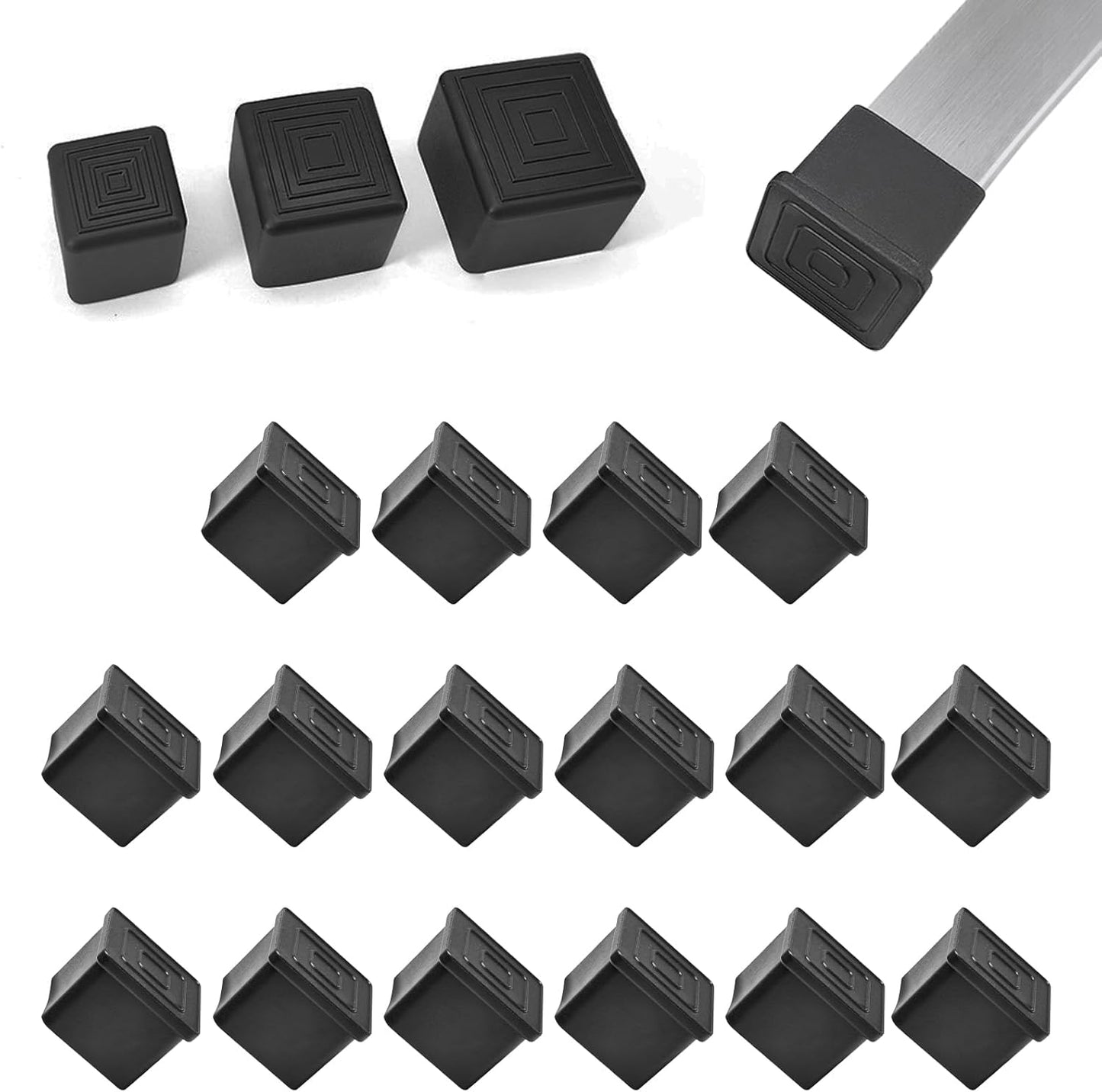 16 Pcs 1-1/2" x 1-1/2" Square Rubber Chair Leg Caps, PVC Table Leg Covers, Flexible & Anti-Slip Furniture Leg End Caps, Chair Leg Floor Protectors for Bar Stool Leg Patio Indoor, Black