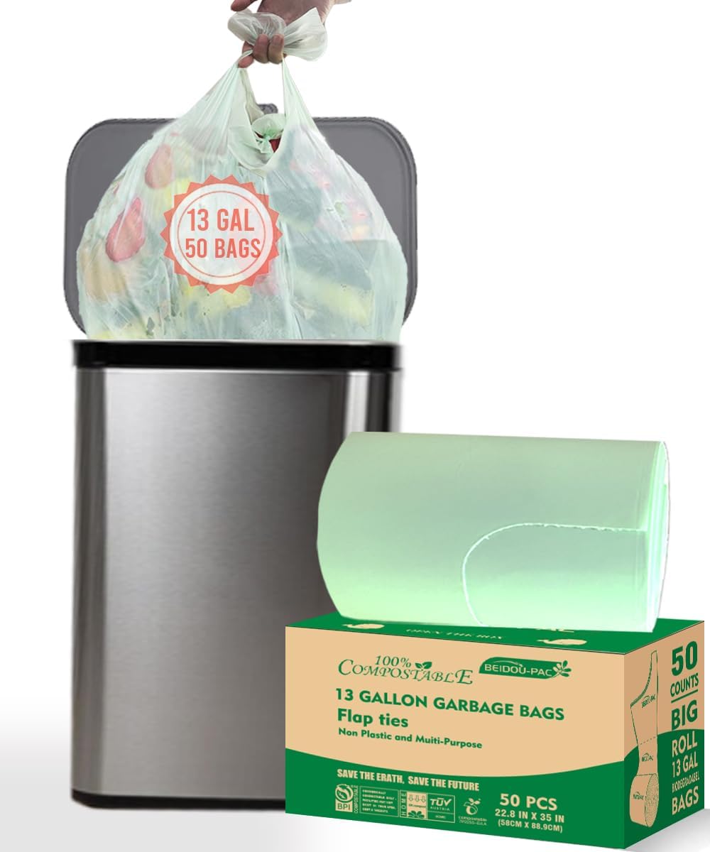 13 Gallon Flap Tie Compostable Trash Bags, 50 Count, Compost Bags Tall Kitchen Trash Bags, Sturdy Biodegradable Garbage Bags Food Scrap Waste Bags, ASTM D6400, US BPI Certified, Green