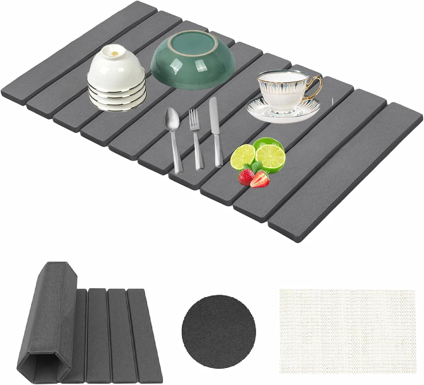 Stone Drying Mat for Kitchen Counter, Collapsible Dish Drying Mat, Fast Drying Diatomaceous Earth Dish Drying Mats, Water Absorbent Diatomite Kitchen Mat (dark grey, medium)
