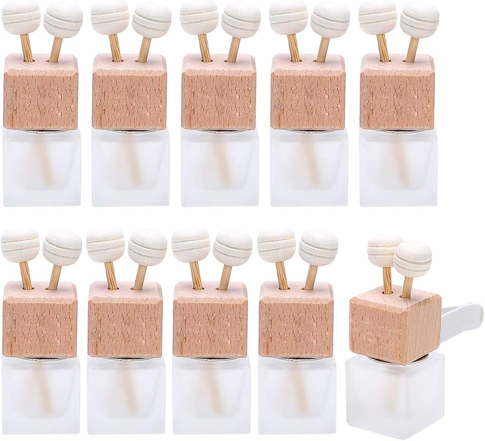 10 Pack,8ml Matte Glass Car Air Freshener Perfume Clip Diffuser,Empty Essential Oil Perfume Vials Diffuser Vent Outlet,Thick Glass Ornament With Wooden Caps,FREE Funnel,Dropper