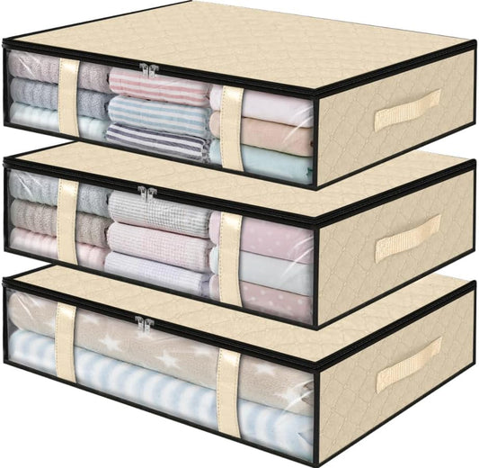 StorageRight Under Bed Storage Bins, 3-Pack 40L Foldable Fabric Storage Bags with Transparent Window, Breathable Organizer for Clothes/Blanket/Comforter/Quilts,Beige