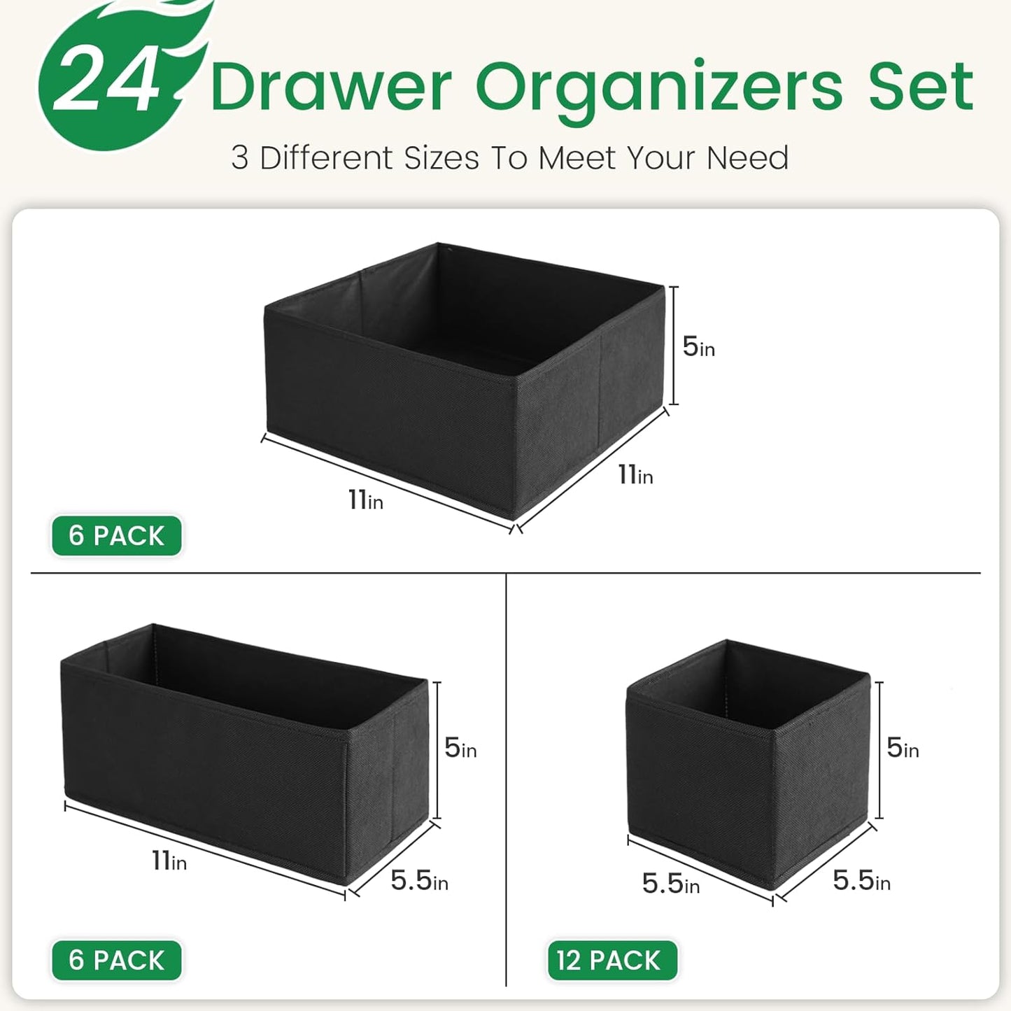 Criusia Drawer Organizer Clothes, 24 Pack Underwear Drawer Organizers, Foldable Closet Organizers and Storage Dresser Drawer Dividers Clothing Organizer for Clothes, Socks, Scarves, Bra, Ties (Black)