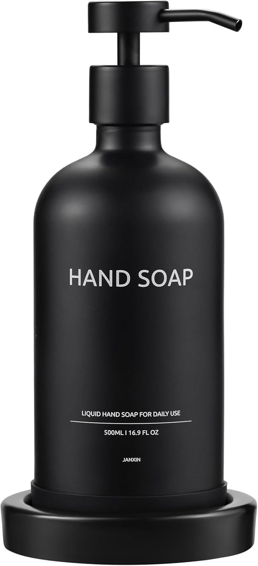 Glass Soap Dispenser Set by Janxin,Bathroom Soap Dispenser Set with Ceramic Tray,Luxury Bathroom Accessories,Modern Kitchen Decor (Black(Hand Soap))