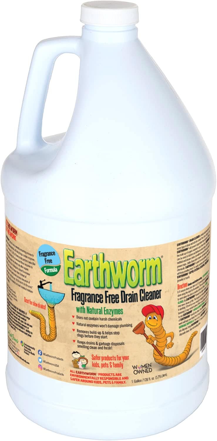 Earthworm Fragrance Free Drain Cleaner - Drain Opener - Natural Enzymes, Environmentally Responsible, Safer for Pets and Kids - 1 Gallon