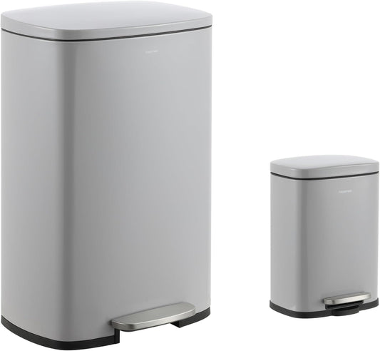 happimess HPM1006I Connor Rectangular 13-Gallon Trash Can with Soft-Close Lid and Free Mini Trash Can, Fingerprint Resistant, Modern, Minimalistic for Home, Kitchen, Office, Bathroom, Fog Gray