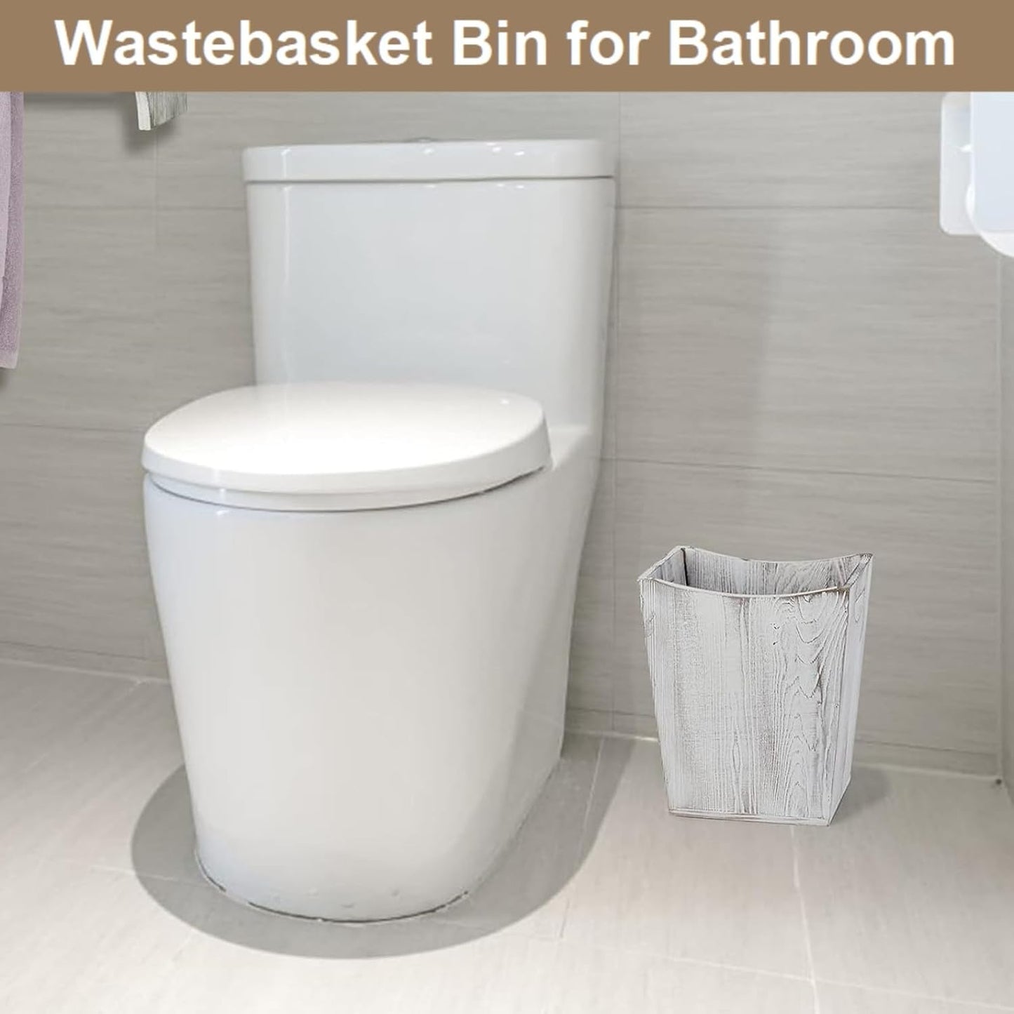 SEHERTIWY Wood Trash Can, Farmhouse Wastebasket Bin for Bathroom, Office, Bedroom, Living Room, Small Square Rustic Garbage Container (Wood-White)