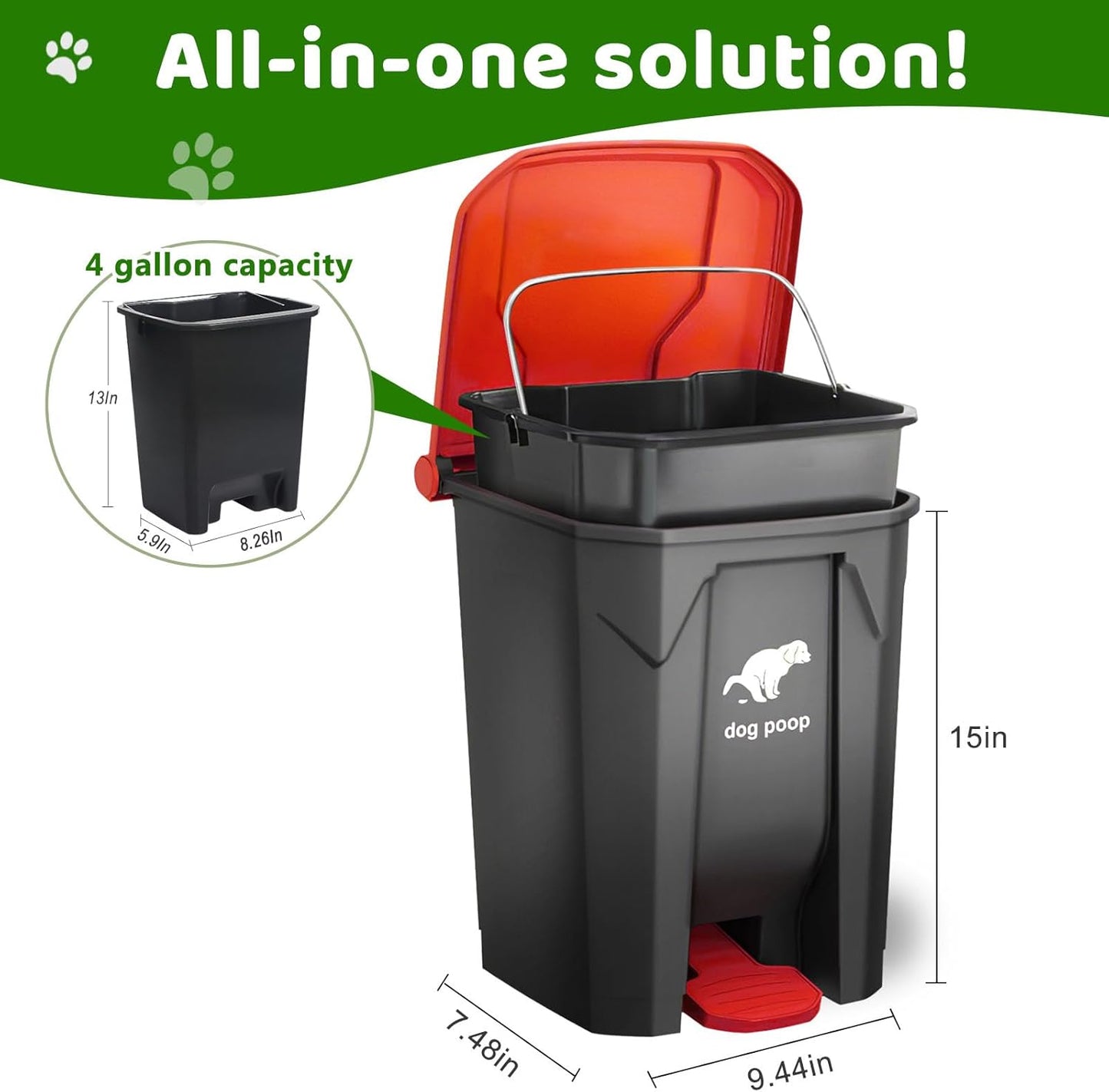 Dog Poop Trash Can Outside, 20L/5Gallon Dog Waste Trash Can with Lid, Pedal and Removable Inner Waste Bin, Pet Poop Bucket with 100 Bags, Red