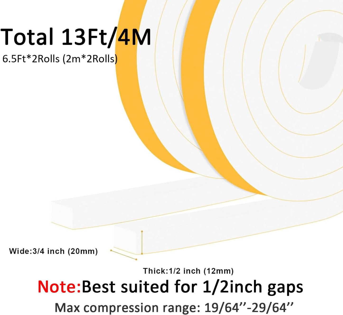 Strong Adhesive Weather Stripping for Doors and Windows, High Density Door Seal, SoundProof Weatherproof Foam Insulation Tape, Windproof, Anti-Scratch Weatherstrip (3/4 in x 1/2 in x 13Ft)