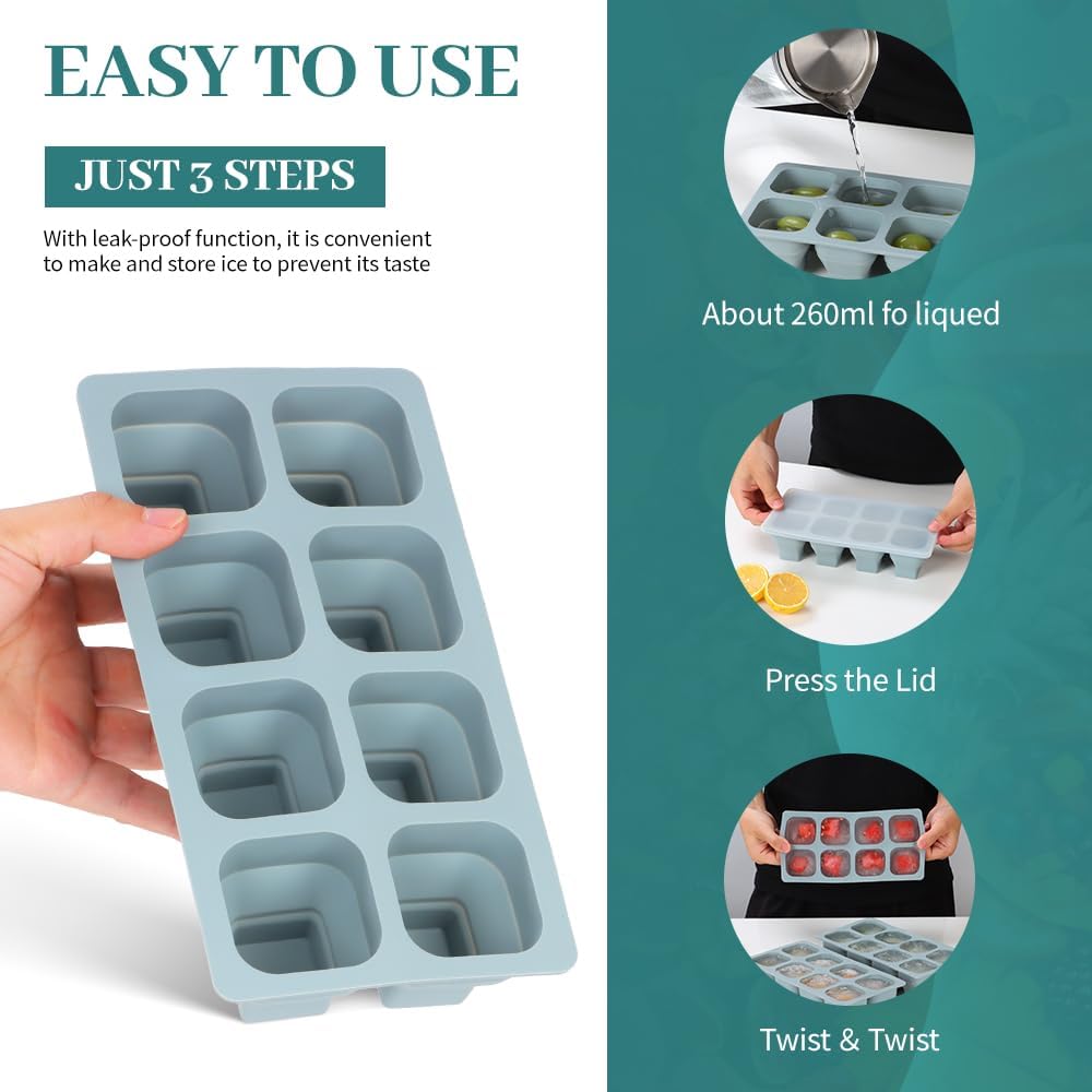 Foldable Ice Cube Trays, 2 Pack Folding Ice Cubes Maker Molds with Lid for Freezer, Easy-Release Silicone Ice Cube Tray Making, Ice Chilling Cocktail、Whiskey、Tea、Coffee、Ice Cream Maker、Baby Food