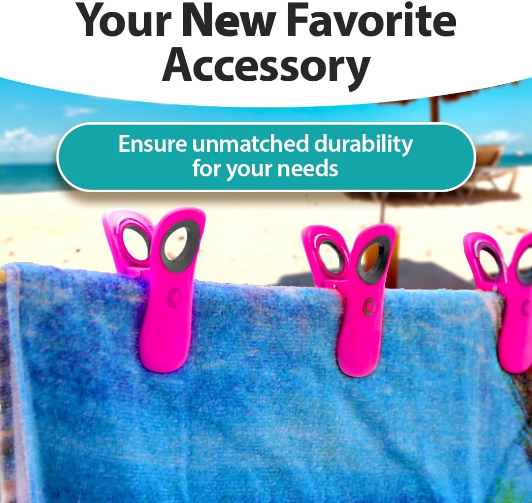 CoreClips Towel Clips for Beach Chairs - Set of 4 Pool Towel Holder Clips for Lounge Chairs on Cruise, Large 2.5” Opening Heavy Duty Clip for Towels on Boat Loungers with Travel Pouch - Pink