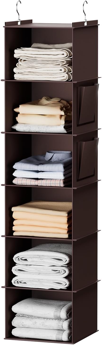 YOUDENOVA Hanging Closet Organizer, 6-Shelf Closet Hanging Storage Shelves, Brown