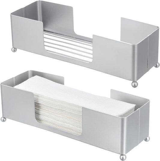 MyGift Metal Tabletop Folded Hand Towel Holder, Modern Silver Tone Commercial Countertop Tissue Dispenser Tray for Trifold, C-Fold and Z-Fold Towels, Set of 2