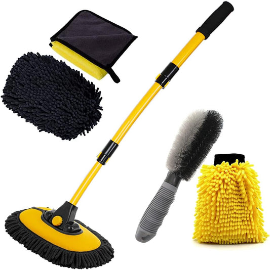 Car Wash Brush with Long Handle, Chenille Microfiber Mop Mitt with 1 Replacement Head, Wheel Brush Extension Pole Cleaning Kit & Towels for Cars & Trucks - 5PCS