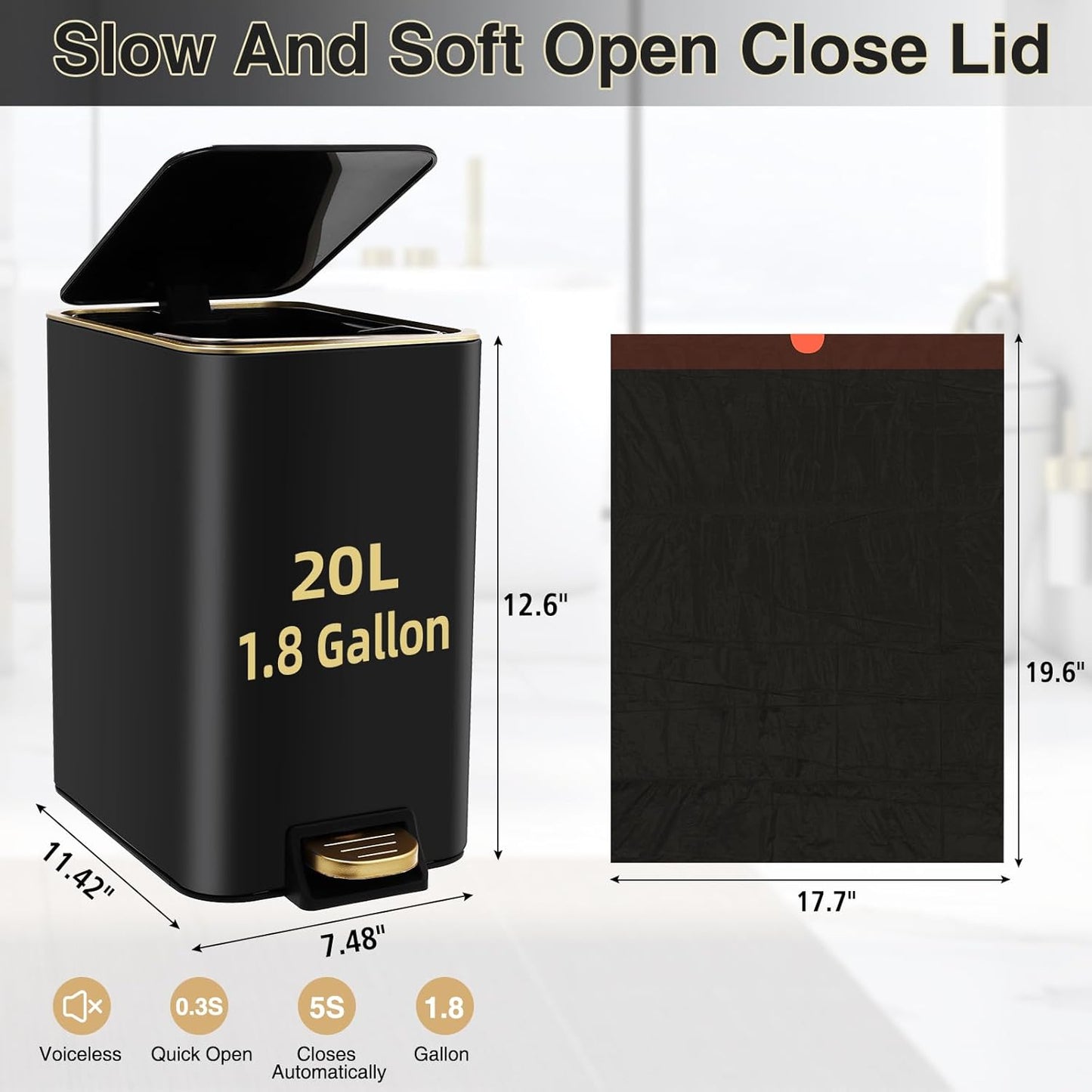 Small Bathroom Trash Can with Lid Soft Close, 1.8 Gallon Stainless Steel Garbage Can with Removable Inner Bucket,80Count Compostable Trash Bags, Slim Step Pedal Trash Bins