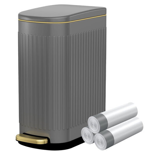 KUK Slim Bathroom Trash Can with Lid, 2.6 Gallon (10 L) Stainless Steel Step Small Garbage Can with Removable Inner Bucket, Soft Close, Anti-Fingerprint Finish (Gray)