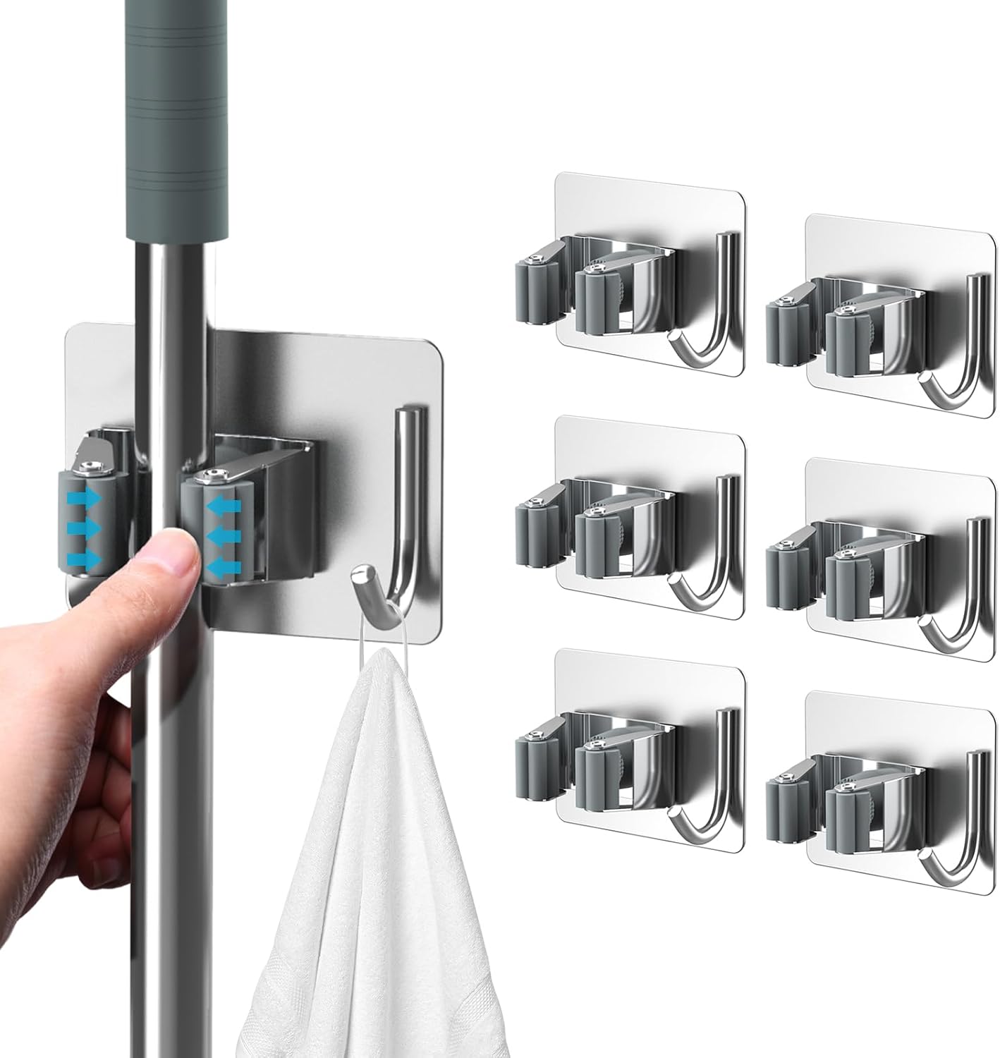 Mop Broom Holder No Drill, Mop Broom Organizer Wall Mounted Heavy Duty with Hooks Hanger, Self Adhesive Stainless Steel 4Pcs for Bathroom, Kitchen, Office (Silver)