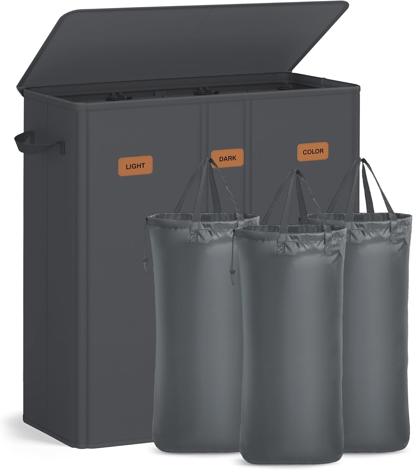 SONGMICS 42.2 Gallon (160 L) Laundry Hamper, 3-Compartment Laundry Basket Sorter with Lid, Labels, Removable Liner Bags, for Bedroom, Dark Gray URLH013G01