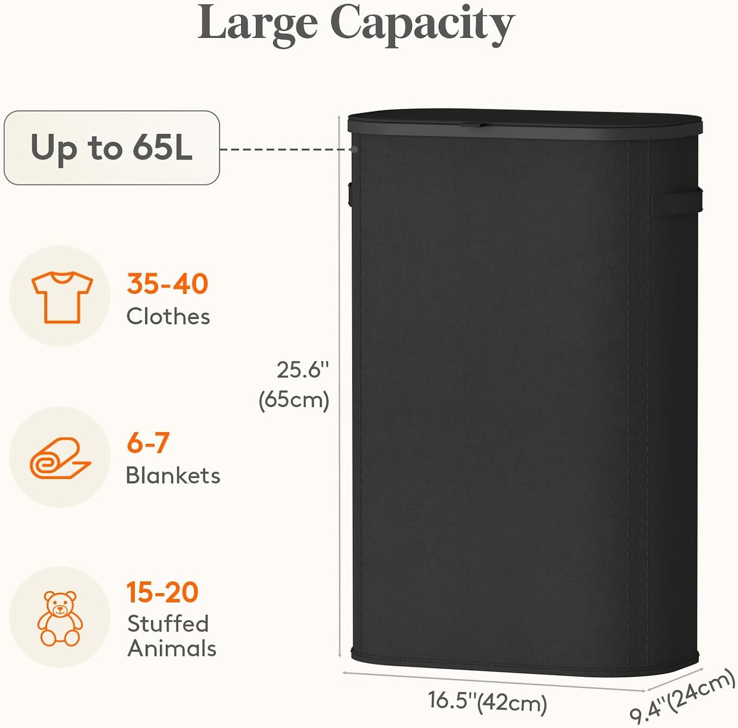 Lifewit 65L Slim Laundry Basket with Lid, Narrow Large Laundry Hamper with Plastic Handles and Removable Bag, Tall Foldable Dirty Clothes Hampers for Laundry Room, Bedroom, Bathroom, Dorm, Black