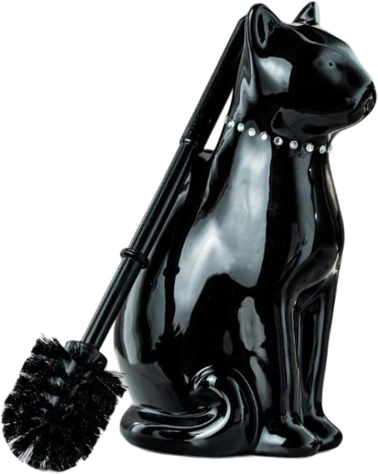 Comeon Ceramic Cat White/Black Toilet Brush and Holder Set, Plastic Handled Scrub Brush for Bathroom Cleaning,10.63"*6.3" (Black)