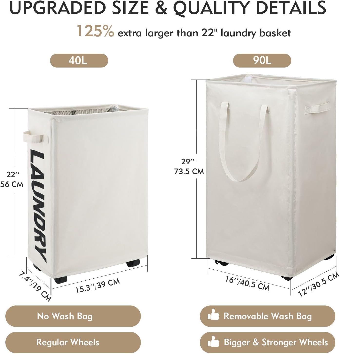 DOKEHOM 90L X-Large Laundry Basket with Removable Wash Bag on Wheels, Collapsible Rolling Laundry Hamper, Foldable Clothes Organizer, Folding Washing Bin (Beige)