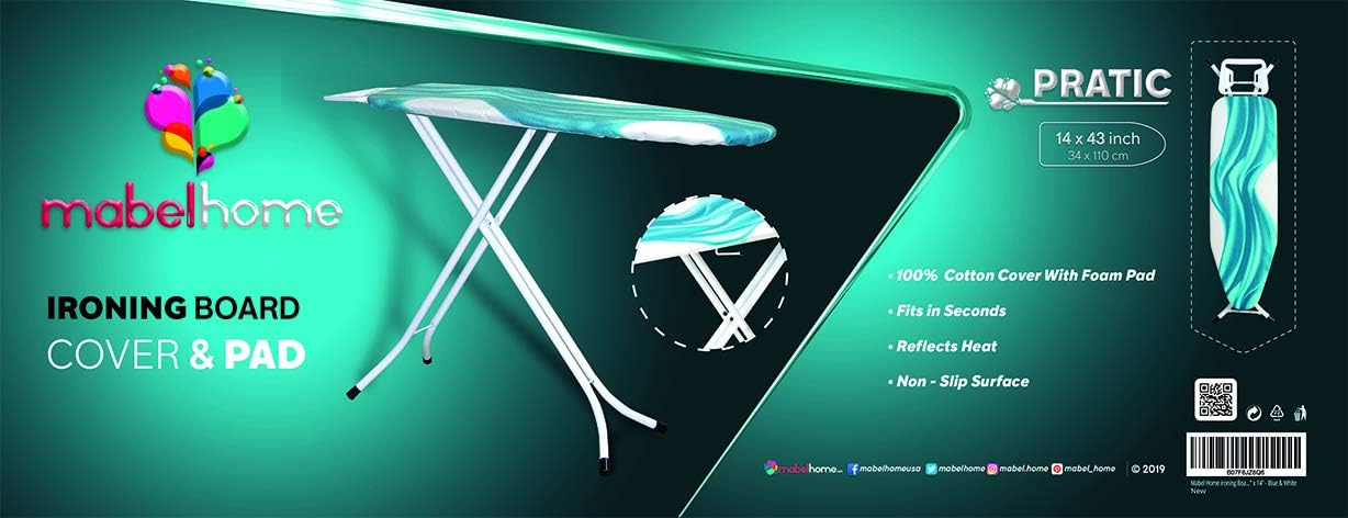 Mabel Home Ironing Board Padded Cover, 100% Cotton (6 Different Size & Pattern) (43" x 14" / Deluxe)
