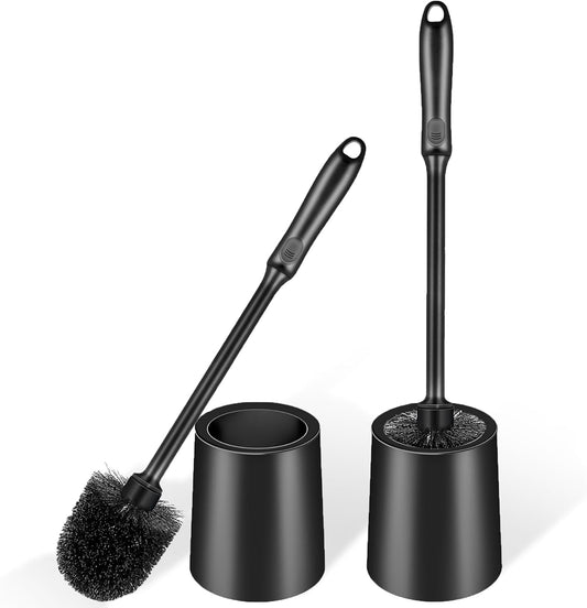 Toilet Brush and Holder 2 Pack with Long Handle - Non-Slip Grip Toilet Bowl Brush Set for Deep Cleaning Bathroom, Toilet Scrubber- Black