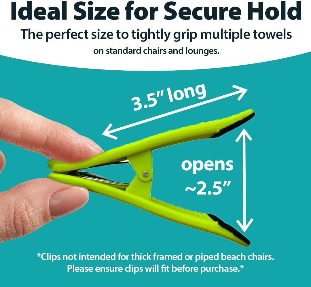 CoreClips Towel Clips for Beach Chairs - Set of 4 Pool Towel Holder Clips for Lounge Chairs on Cruise, Large 2.5” Opening Heavy Duty Clip for Towels on Boat Loungers with Travel Pouch - Green
