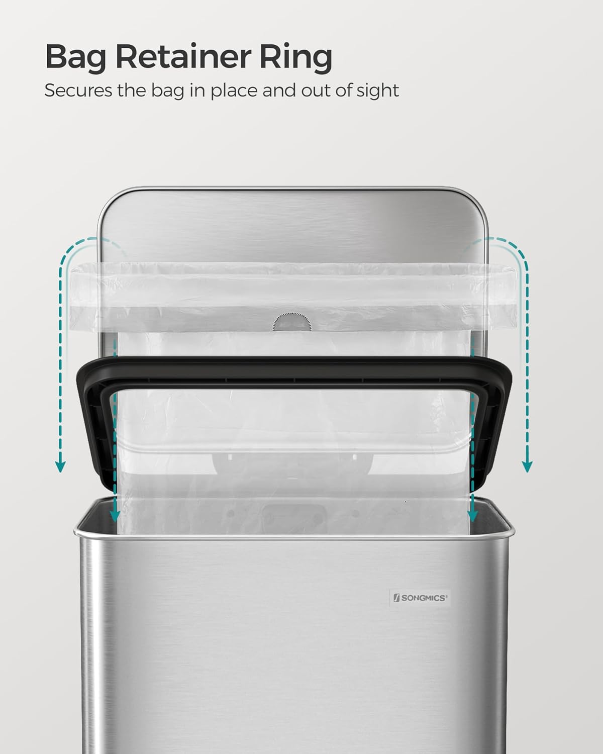 SONGMICS Kitchen Trash Can, 10.5 Gallon (40 L) Garbage Can, Large Step Trash Bin with Lid, Stainless Steel, Soft Close, 15 Trash Bags Included, Silver ULTB540E40