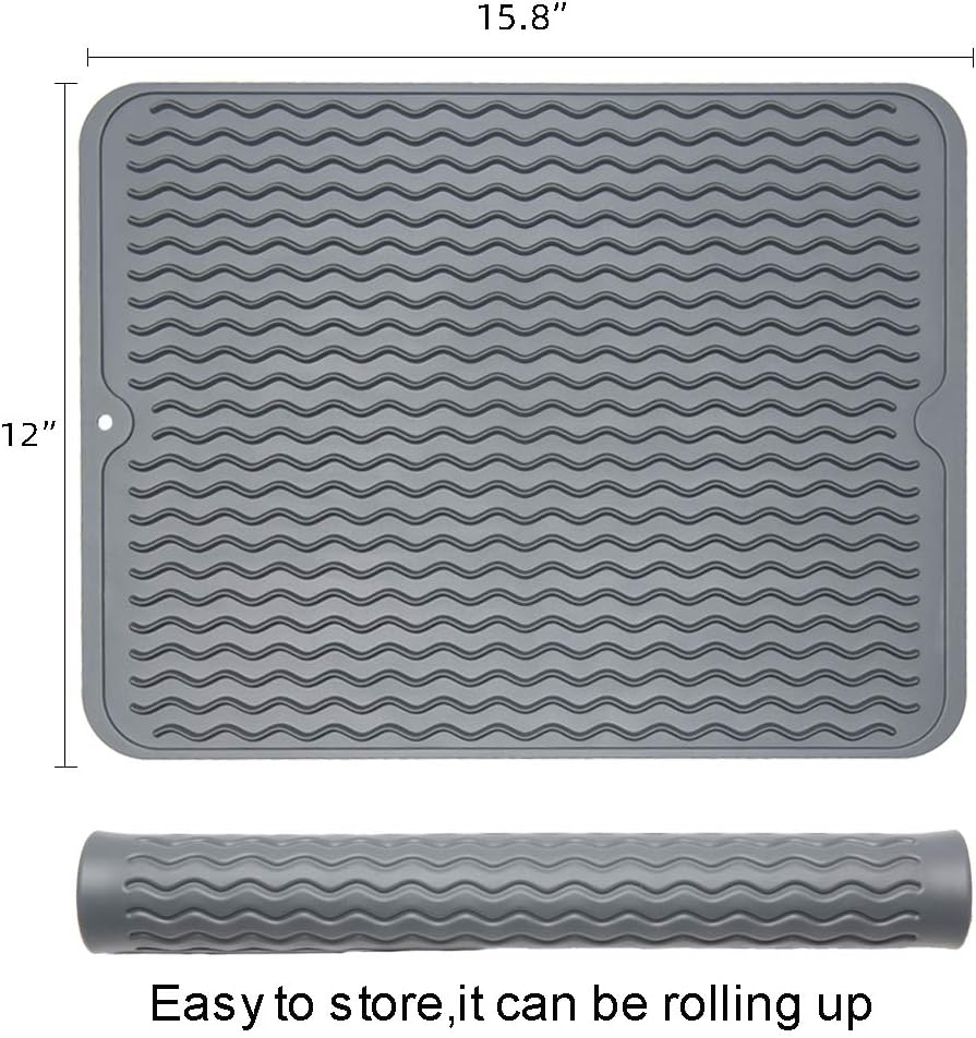ZLR 2 Pcs Silicone Dish Drying Mats for Kitchen Counter, Eco-Friendly Fast Dry Dish Mat, Easy Clean Multi Usage Drying Matt, Heat Resistant Trivet, 12" x 16" Large, Gray