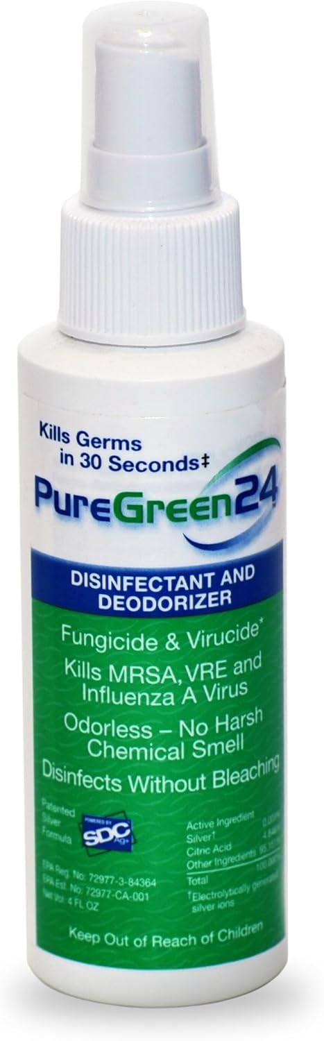 PureGreen24 Safe & Effective Disinfectant. Kills Deadly Germs including RSV COVID-19 Norovirus MRSA Staph 2025 flu Bird flu Contains no toxic chemicals odorless child & pet safe 1 4oz spray bottle