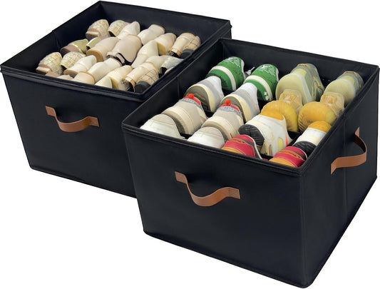 Shoe Organizer Box 2 Pack, Shoe Storage Organizer with Clear Cover, Adjustable Dividers Fits 16-32 Pairs, Fabric Shoe Organizer for Closet, Black